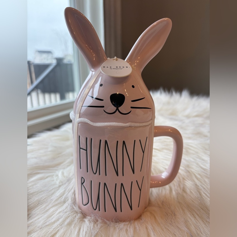 Rae Dunn NWT Artisan Collection Pink Hunny Bunny Mug with bunny topper lid